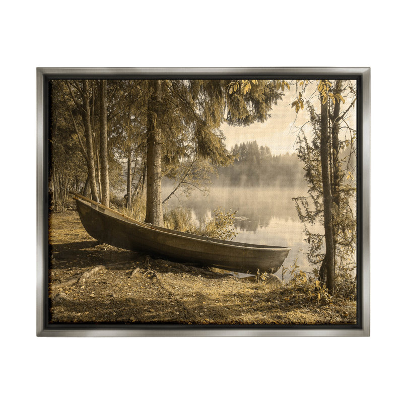 «Lakeside Canoe Forest Wilderness», art mural encadré par Lil 'Rue, H 17 po x l 21 po x P 1,7 po, Cadre flottant gris lustré