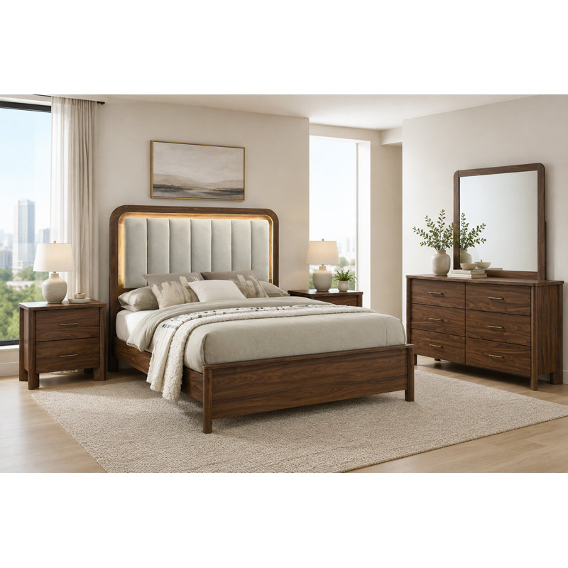 Ensemble de chambre à coucher 5 pièces Mid-Century Modern, 5 Pcs: Bed, 2 Nightstands, Dresser, Mirror, Queen