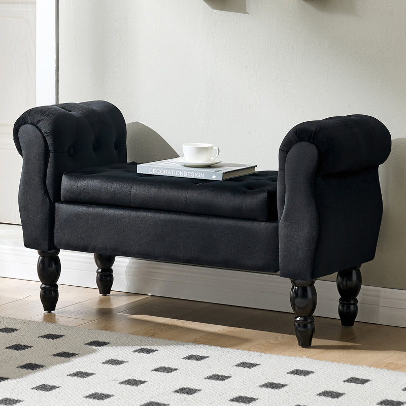 Upholstered Flip Top Storage Bench With Solid Wood Legs, Black