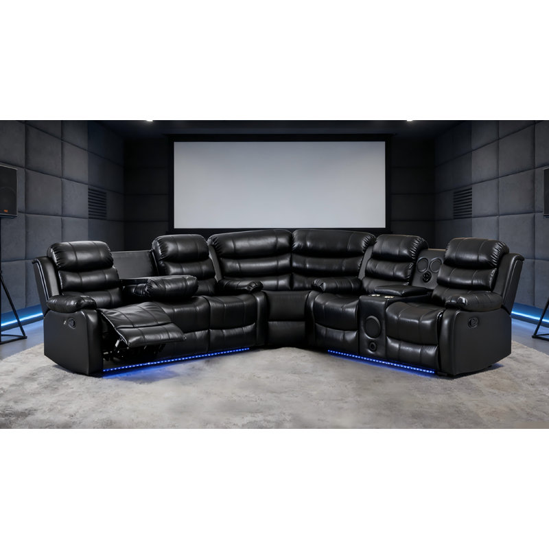 Canapé modulaire manuel inclinable en cuir noir avec haut-parleur 6 places, Similicuir noir