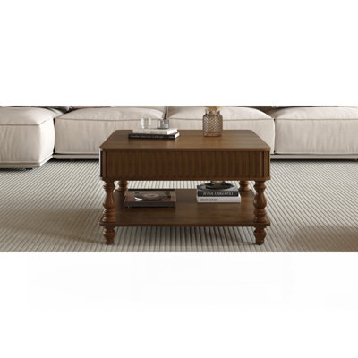 31.5 Inch Square Fluted Lift-Top Coffee Table With Hidden & Open Storage, Hydraulic Raising Mechanism, Retro Solid Wood Legs For Living Room, Sofa (Walnut)