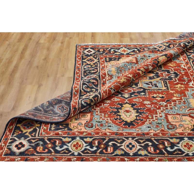 Serapi Heritage Hand-Knotted Wool Medallion Area Rug in Red, Red/Navy, Rectangle 9' x 12'