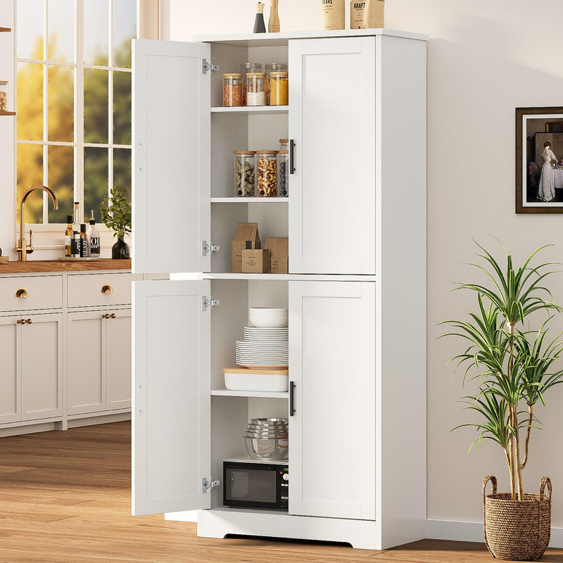 70-Inch Tall Freestanding Pantry Cabinet with Doors and Adjustable Shelves in White - Storage Unit for Kitchen, Bathroom, Dining Room or Living Room
