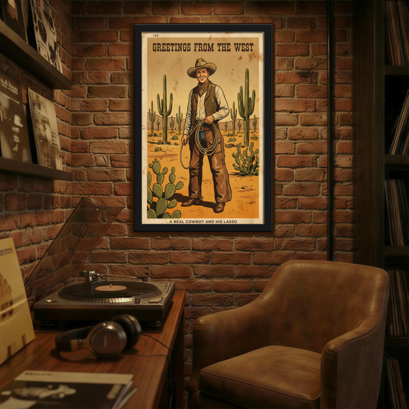 Fashion Cowboy tenant un lasso dans un paysage désertique, H 30 po x l 20 po