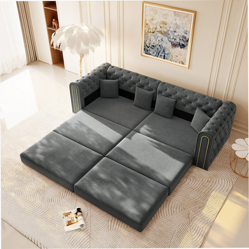 90.6-Inch 3-In-1 Convertible Sleeper Sofa With Movable Ottoman, Button Tufting, And Gold Edge Trim For Multi-Functional Living Spaces.