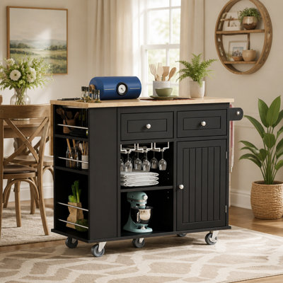 Kitchen Island with Power Outlet,Kitchen Storage Island with Drop Leaf and Rubber Wood,Open Storage and Wine Rack,5 Wheels,with Adjustable Storage for Home, Kitchen, and Dining Room, Black