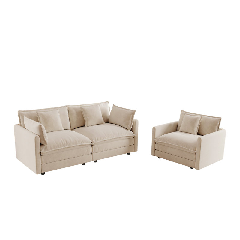 Ensemble de canapé 2 pièces en chenille café clair, causeuse modulaire 1 + 2 places et fauteuil d'appoint