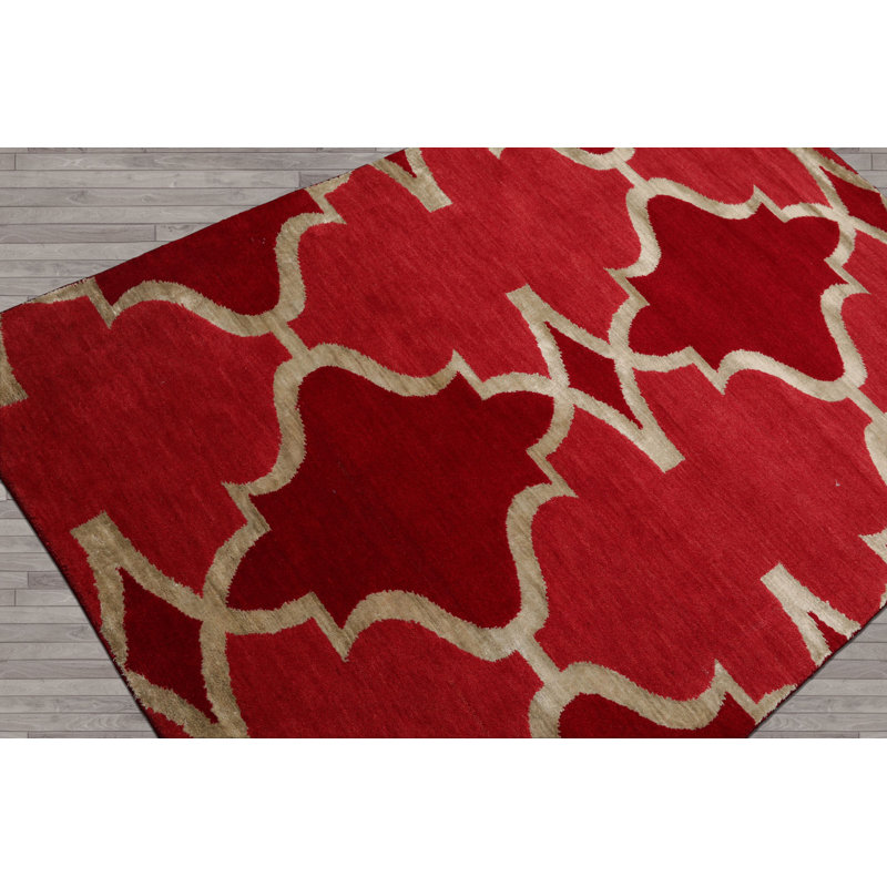 Tapis framboise / rouge en laine noué à la main de conception unique 4 pi 1 po x 6 pi 1 po Ferrera