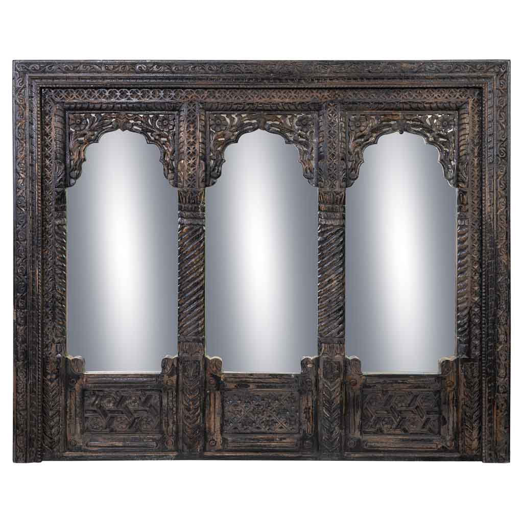CARVED WOODEN MIRROR WITH HANDMADE BROWN AGED FINISH
