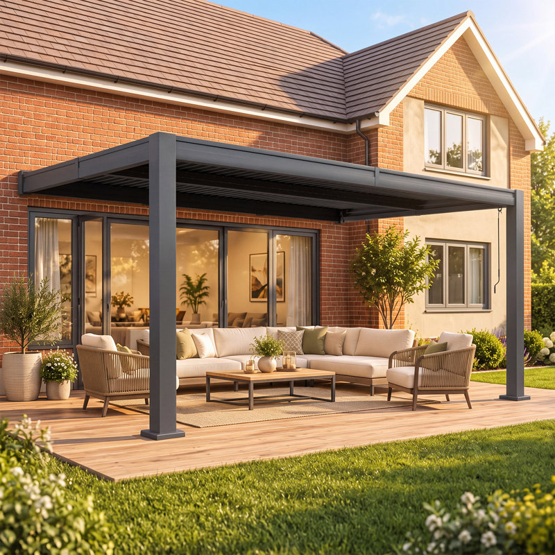 16' x 10' Wall-Mounted Louvered Pergola with Adjustable Aluminum Roof, Outdoor Lean-to Gazebo with Built-in Gutter System, Charcoal Black
