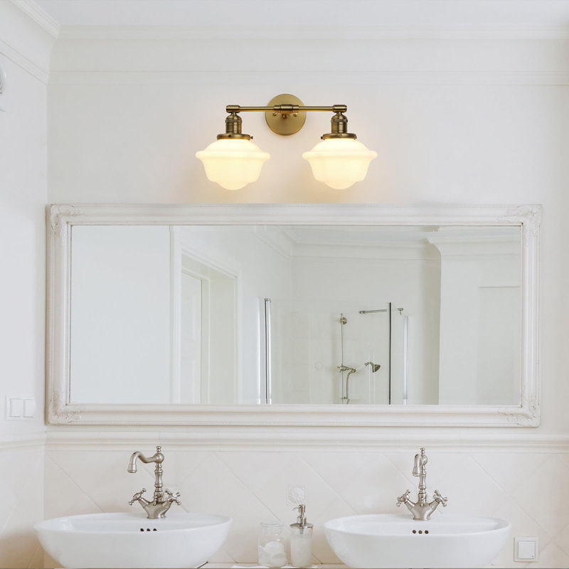 2-Lights Milk White Glass Wall Sconce Lights, Brass