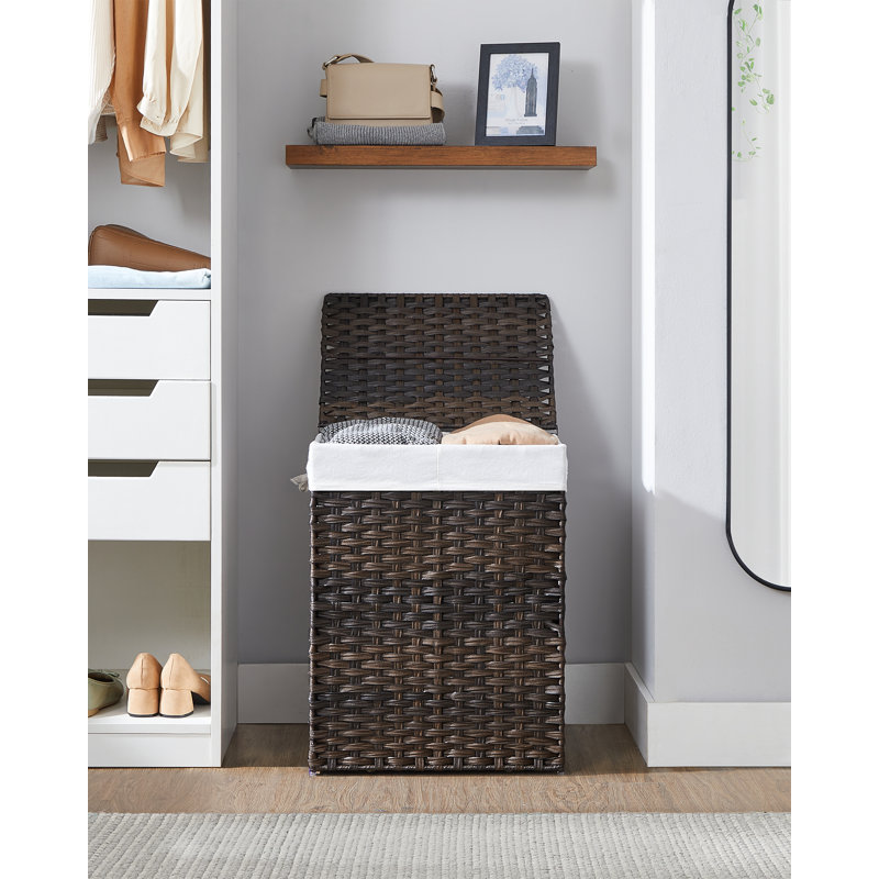Panier à linge avec couvercle, panier à linge 90 L, panier à linge en rotin de poly, brun