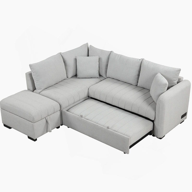 82.6" L-Shaped Sectional Pull Out Sofa Bed Sleeper Sofa With Two USB Ports, Gray Fabric