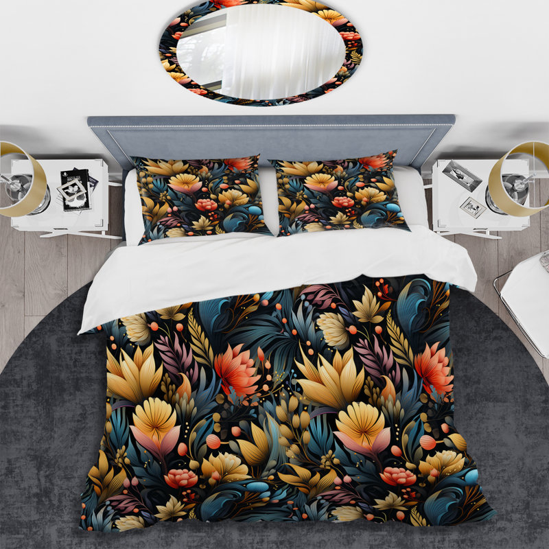 Ensemble de housse de couette Tribal Garden jaune et bleu Blooming Grace I - Floral
