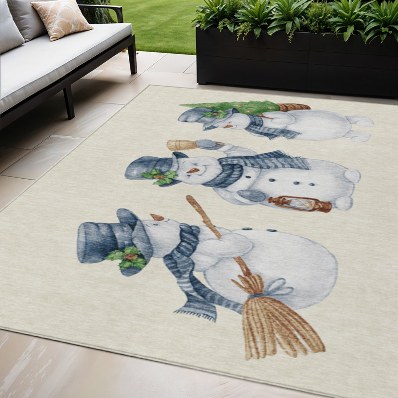 Tapis intérieur lavable bonhomme de neige ivoire et bleu denim 5 pi x 8 pi