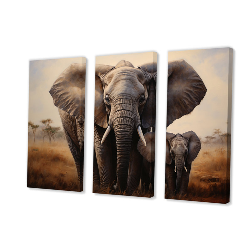 Éléphant tutelle sur toile, 3 pièces, H 28 po x l 36 po x P 1 po