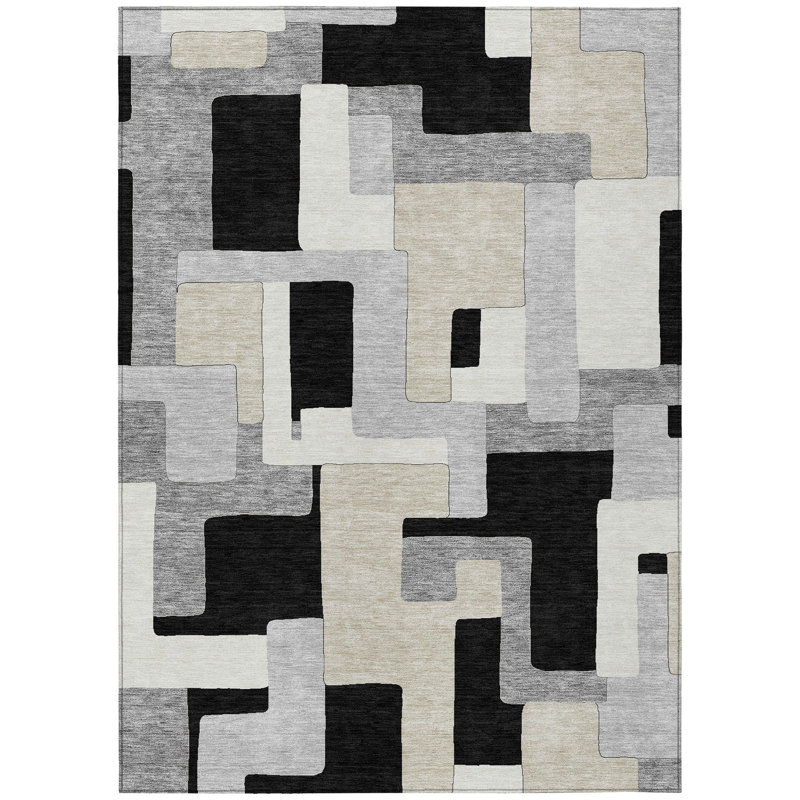 Black Geometric Washable Synthetic Rectangular Rug 2'6" x 3'10"