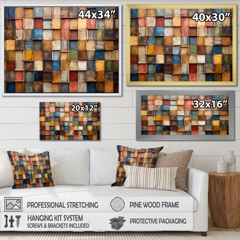 Carreaux colorés de couleurs terreuses III - art mural mosaïque Boho, Cadre d'angle fermé noir, H 30 po x l 40 po x P 1,5 po