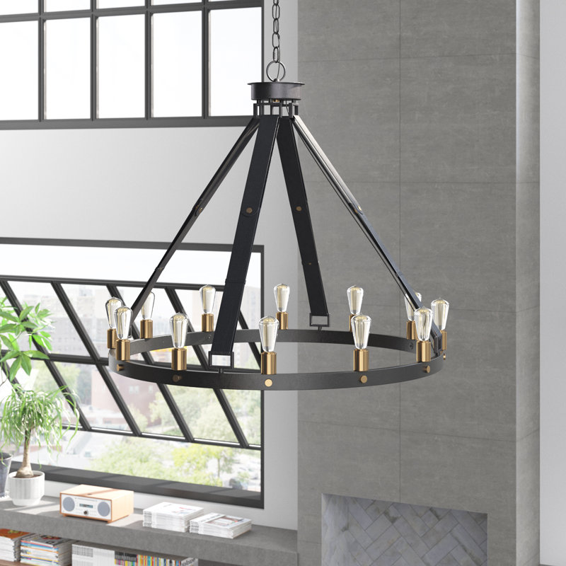 6 - Light Fabric Wagon Wheel Chandelier, Black