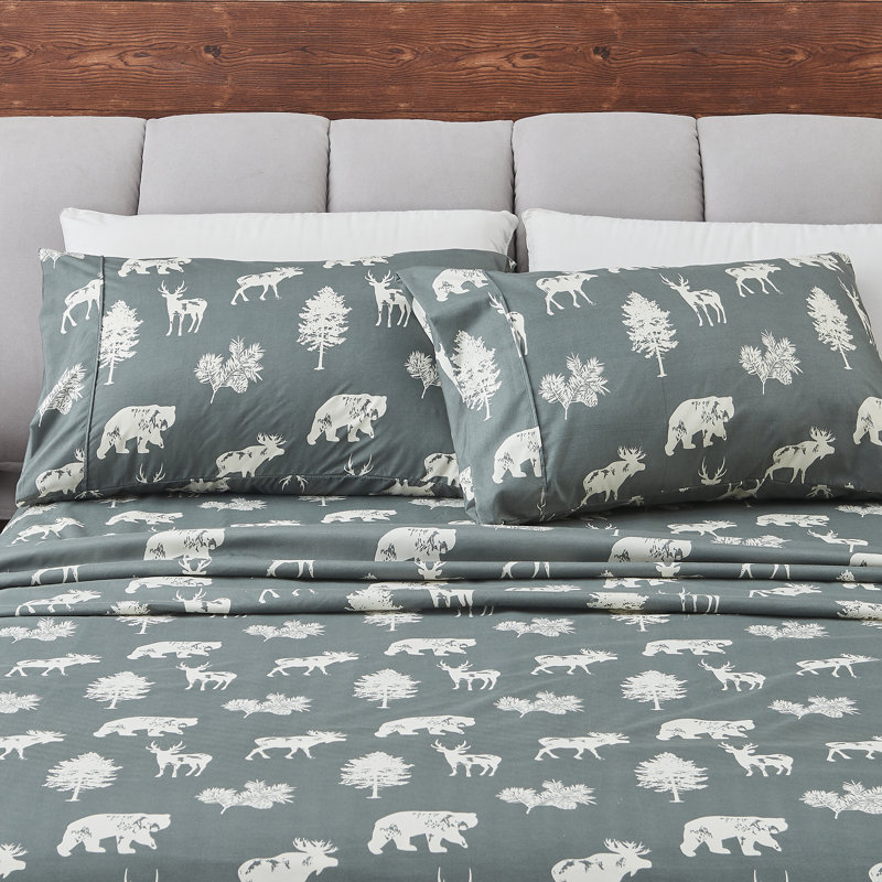 Ultra Soft Lodge Printed Microfiber Sheet Set, Twin, Forest Animal Dark Gray