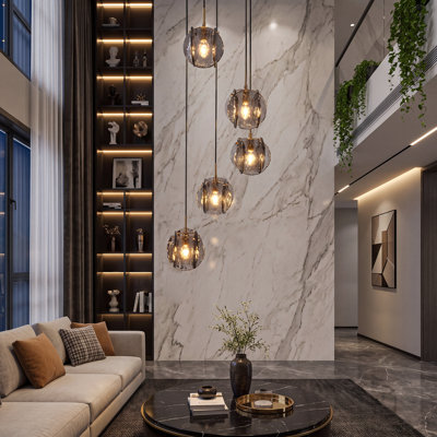 Luminaire suspendu moderne 5 lumières avec abat-jour en verre texturé gris fumé, lustre suspendu réglable