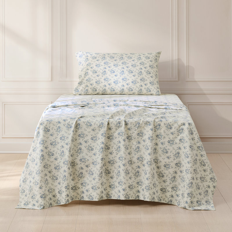 Rose Garden Cotton Sheet Set Blue, Twin Sheet Set with 1 Pilowcase