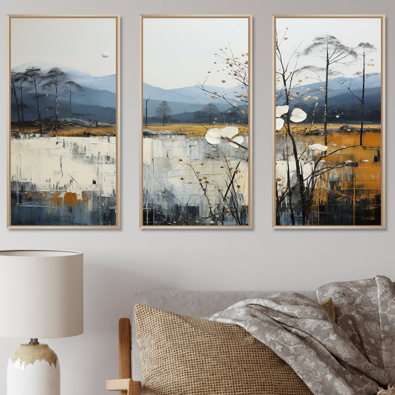 Minimalisme beige et bleu campagne IV - ensemble d'art mural campagne, H 40 po x l 60 po x P 1 po, Cadre naturel flottant