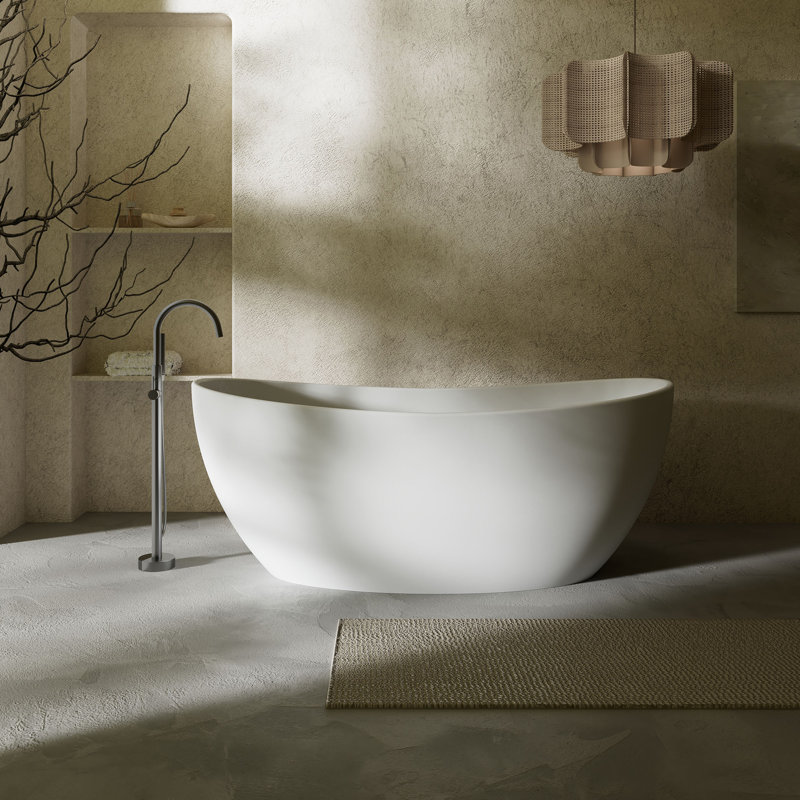 MonBlari 64" X 33" Free standing White Soaking Solid Surface Bathtub with Overflow and Pop-up Drain For Bathroom, Matte White