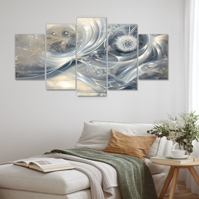 Silvers Swirling Dandelion Universe - Art abstrait paysage mural 5 pièces