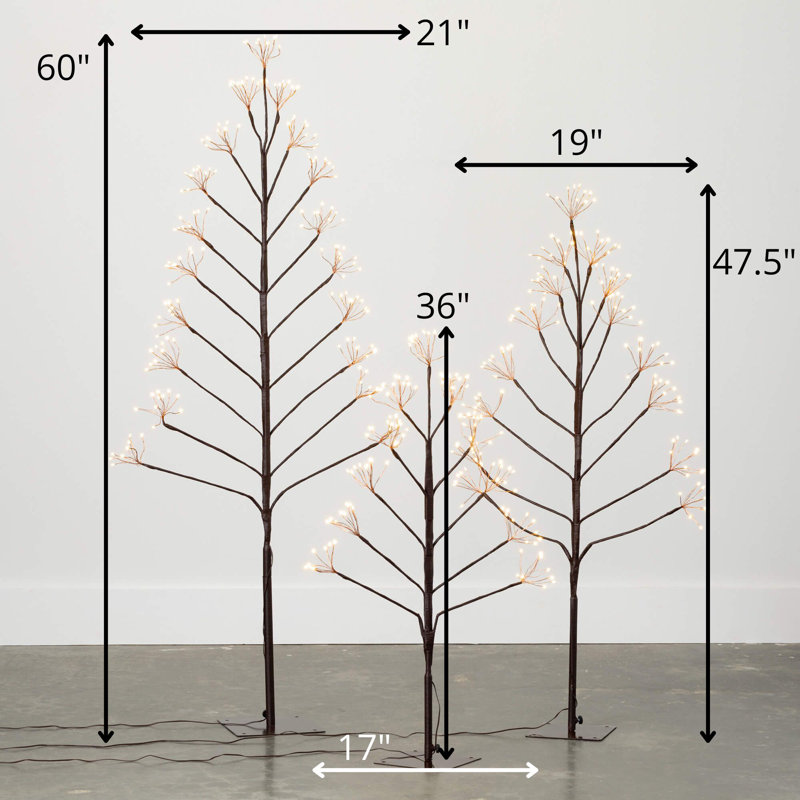 60"H, 47.5"H And 36"H Outdoor Lighted Twig Tree Set; Brown