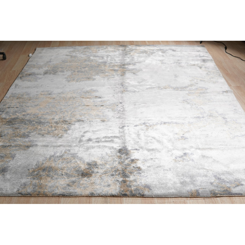 Modern and Stylish Classic Jaymya Hand-Knotted Abstract Wool Indoor Blue Gray Rectangular Ivory Oriental Wool & Bamboo Silk 8' x 10' Area Rug