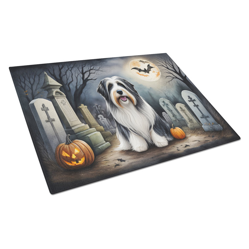 Bearded Collie Spooky Halloween Glass Cutting Board Large