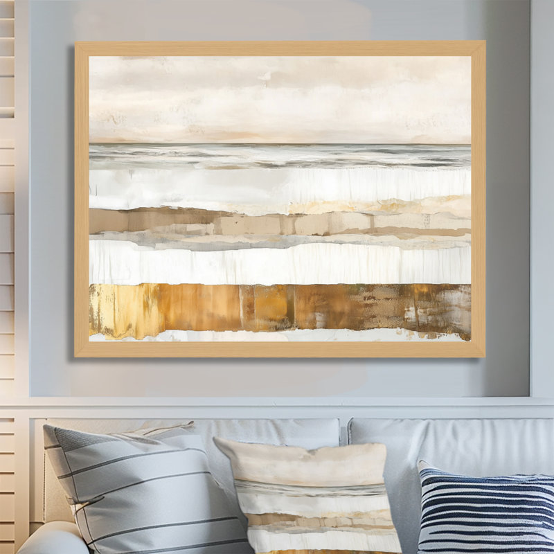 Or beige abstrait côtier vagues IV - Art mural encadré, H 16 po x l 32 po, Cadre naturel