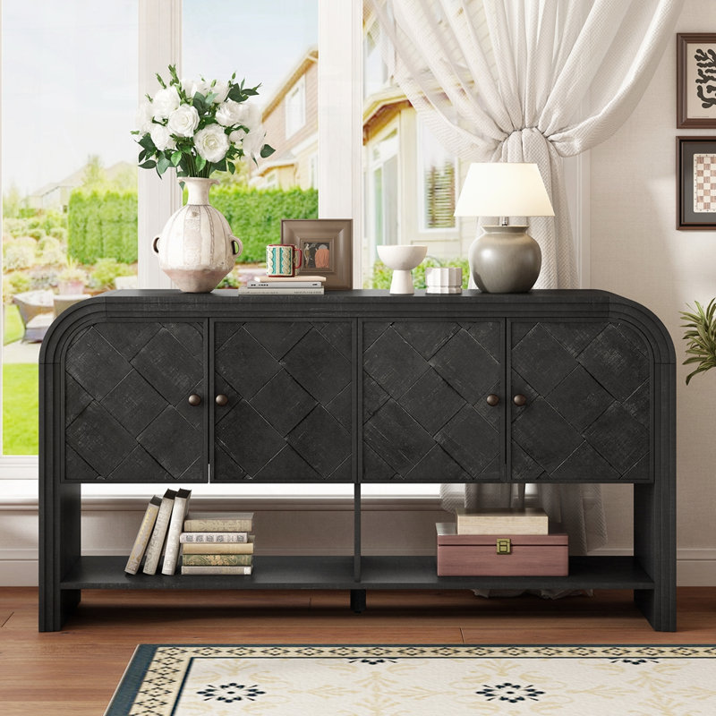 Versatile Storage Cabinet With Woven Wood Slats, Black
