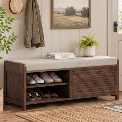 Banc à chaussures avec rangement et coussin, banc de rangement à volets vieillis avec charme rétro pour le salon, vestibule