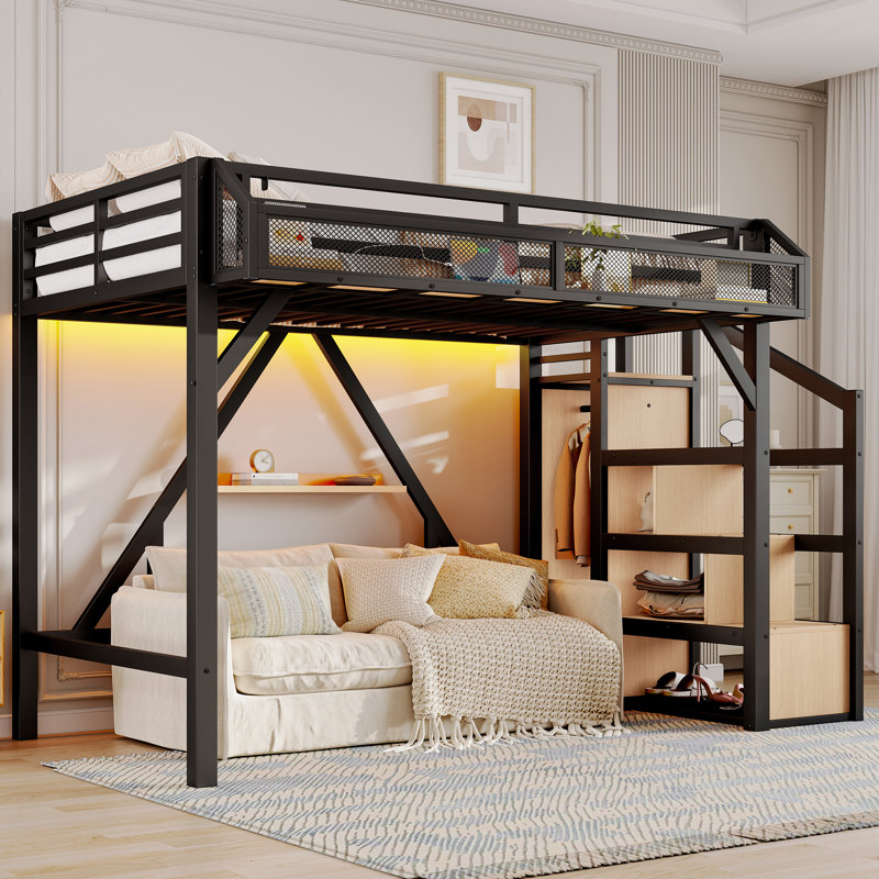 Twin XL Loft Bed with Storage Stairs, Built-in Wardrobe & Shelves, Metal Frame with USB Ports & LED Lights, Natural Wood