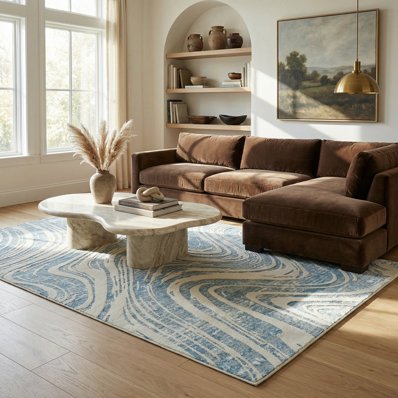 Rug Branch Nagisa 5' x 8' (5'3" x 7'7") Blue/Beige Abstract Indoor Area Rug, Modern, Medium Pile, Stain-Resistant Carpet - Living Room, Bedroom, Dining Room, and Kitchen