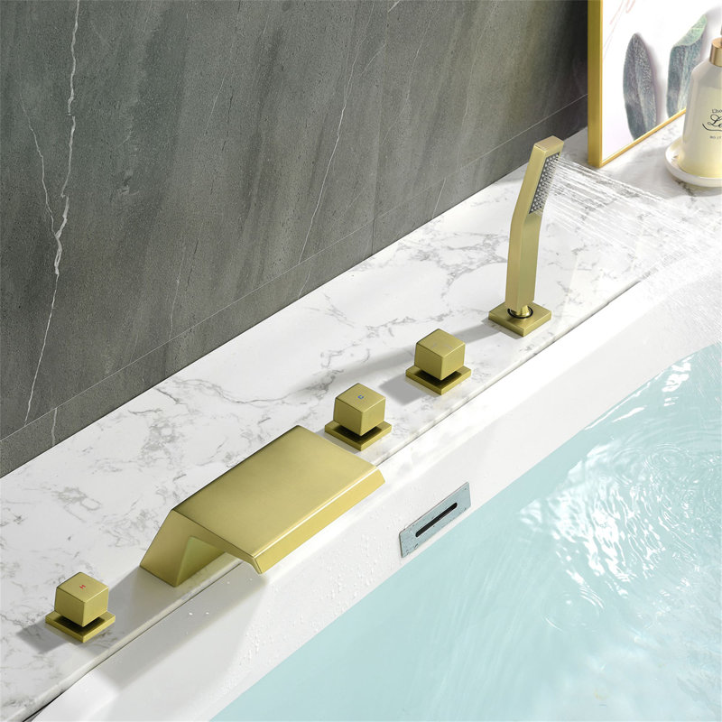Robinet de baignoire à fixation sur comptoir Waterfall avec douchette 5 trous Robinet pour baignoire moderne en laiton