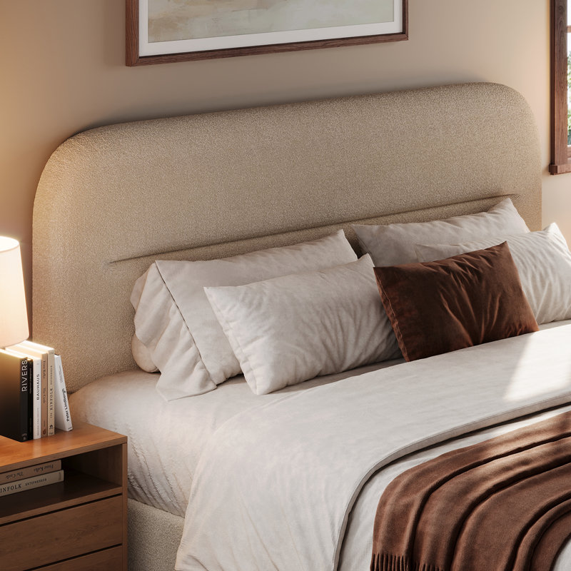 Bensu Platform Bed Frame, Cloud Collection with Boucle Upholstery & Rounded Headboard, Thickened Footboard, Queen, Cream