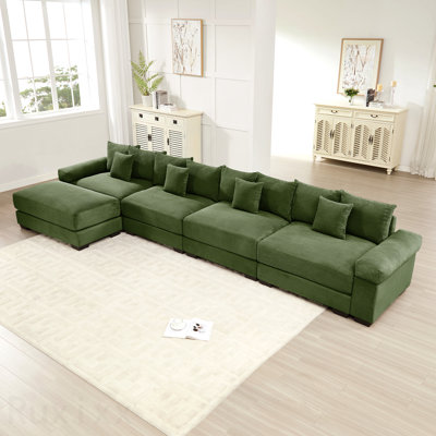 Canapé en forme de L idéal pour recevoir des invités Canapé modulaire surdimensionné en nuage de 170 po, tissu en velours côtelé doux, avec repose-pieds, accoudoirs larges à assise profonde, conception ergonomique, 12 coussins décoratifs, assemblage facile, pour les salons, vert