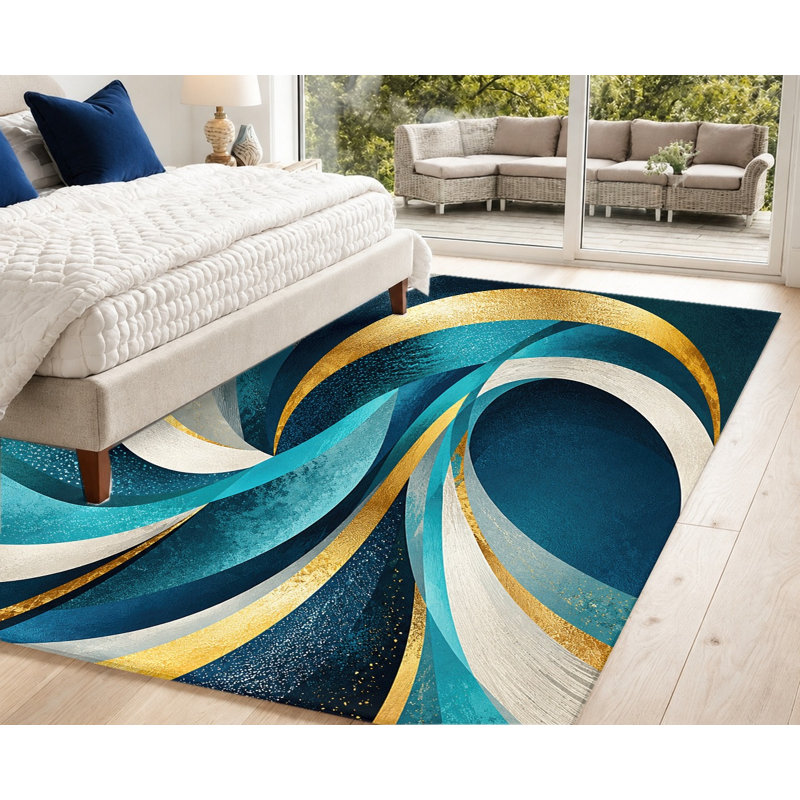 Tapis d'intérieur en velours à motifs abstraits de vagues bleues, dorées et blanches, style moderne, avec dos antidérapant. Décor élégant pour salon, chambre, cuisine, balcon ou appartement.