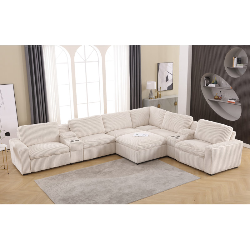 Canapé modulaire inclinable électrique en velours côtelé de 168,5 po Josilyn, Velours côtelé albâtre blanc