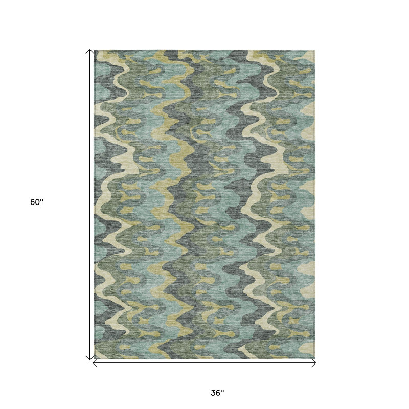 3' X 5' Artichoke Green Abstract Washable Indoor Outdoor Area Rug