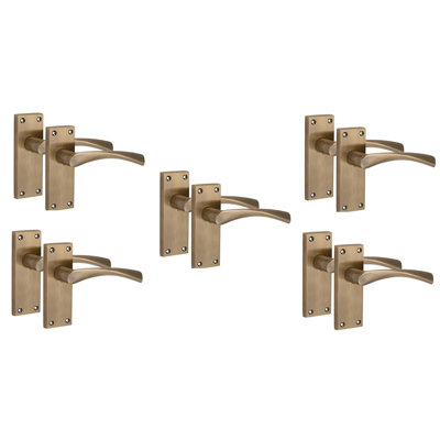 Golden Grace 5 Pairs Victorian Design Astrid Door Handle Satin Brass Finish Bathroom and Lock Set - 120mm x 40mm