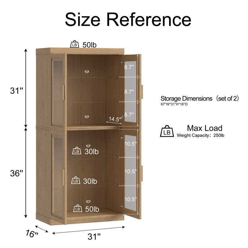 Wood Glass Door Display Cabinet China Cabinet, Natural Color