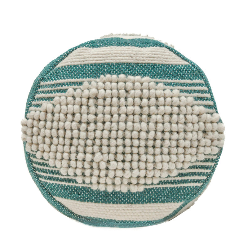 Diamond Handcrafted Fabric Cylindrical Pouf, White And Teal, Teal