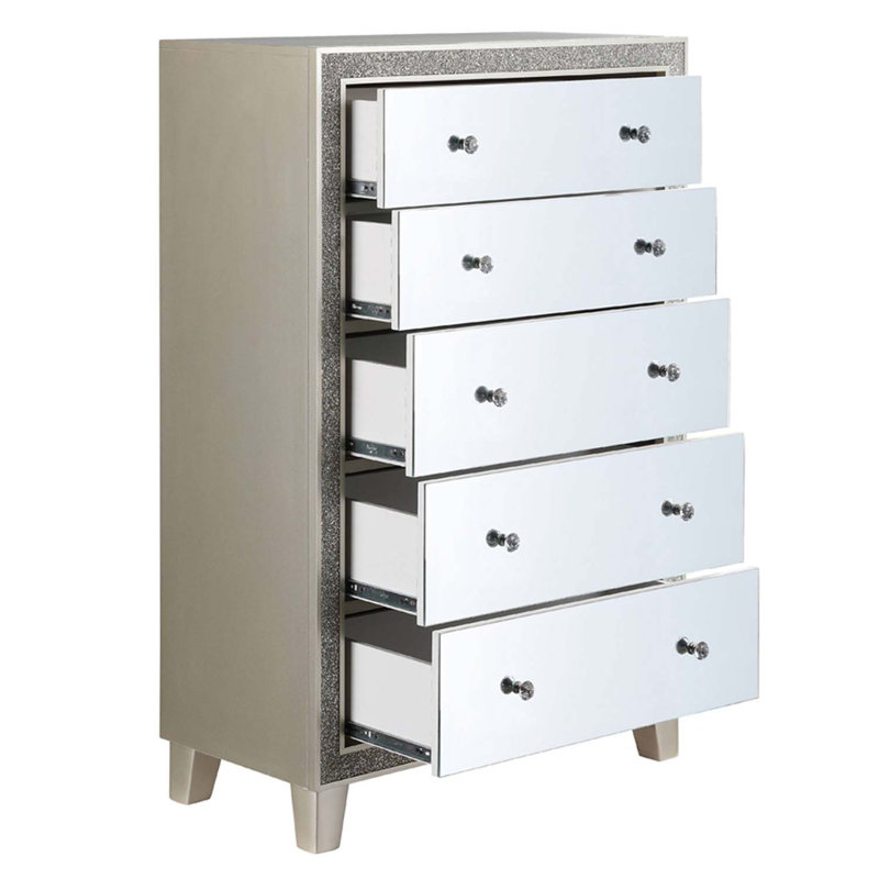 Commode 5 tiroirs Sliverfluff, finition miroir et champagne