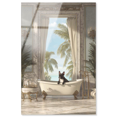 Frenchie in Tropics Bathroom Acrylic Print Fun Bathroom Art by Art Remedy, Ready to Hang, 16 x 24