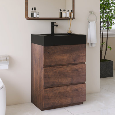 24" Freestanding Single Bathroom Vanity With Black Engineered quartz basin