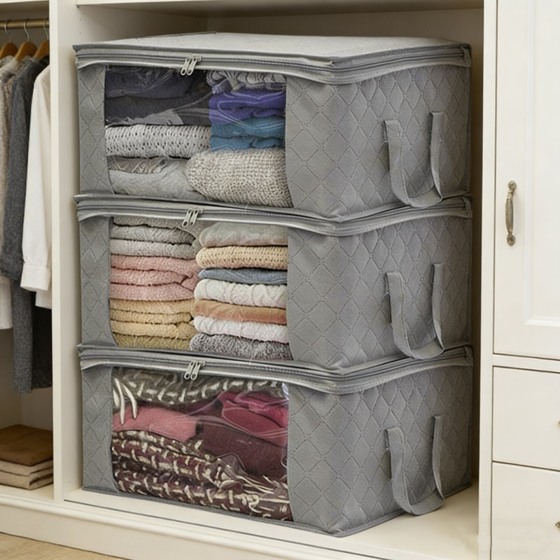 Ensemble de 3 garde-robe pliable en tissu non tissé à grande capacité 37L, Gris